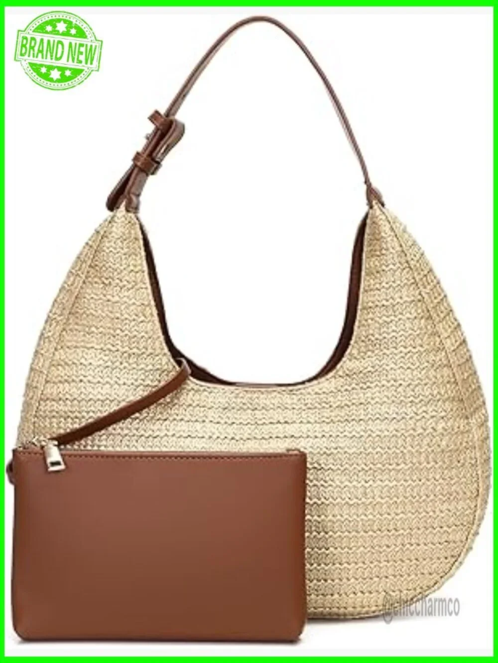 Straw Hobo Handbag with Adjustable Strap, Summer Beach Tote Purse